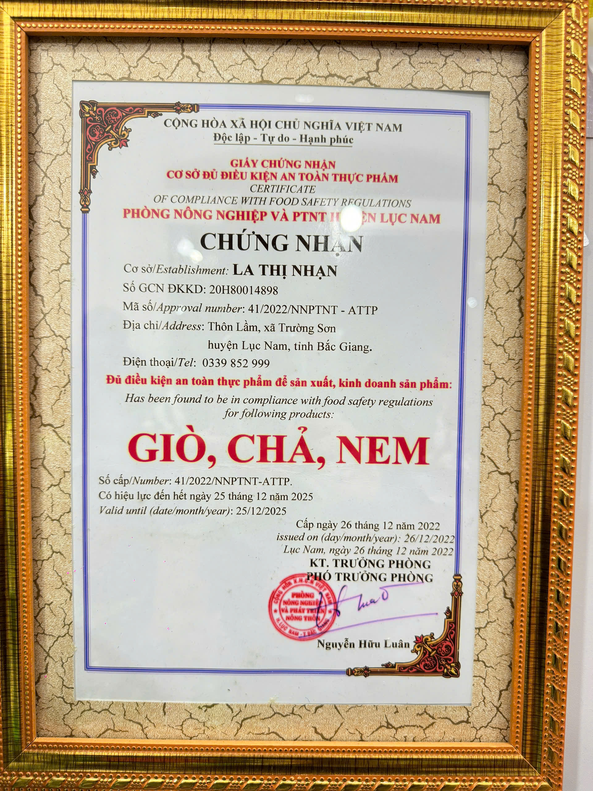 Chứng nhận vệ sinh an toàn thực phẩm nem ngựa